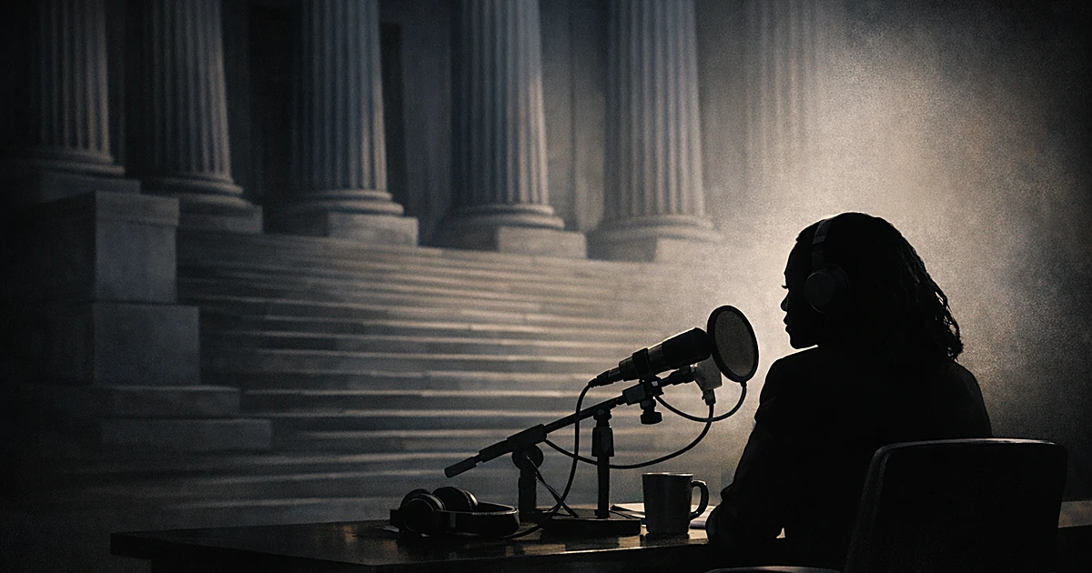 Silhouette at podcast microphone with courthouse columns looming in background, illustrating judicial impartiality debate