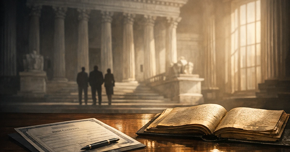 Birth certificate and Constitution book on desk with courthouse columns in shadowed background