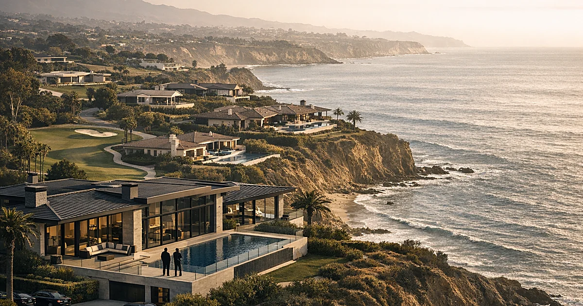 Aerial view of luxury coastal mansions on clifftops with ocean views and manicured grounds in exclusive neighborhood