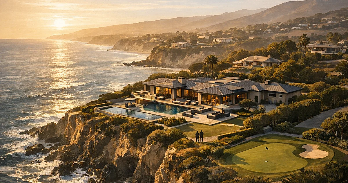 Aerial view of luxury coastal mansion on cliffs overlooking ocean with golf green and pool
