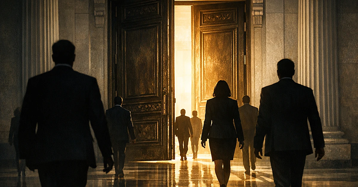 Silhouetted figures walking toward an open door in a columned government building hallway