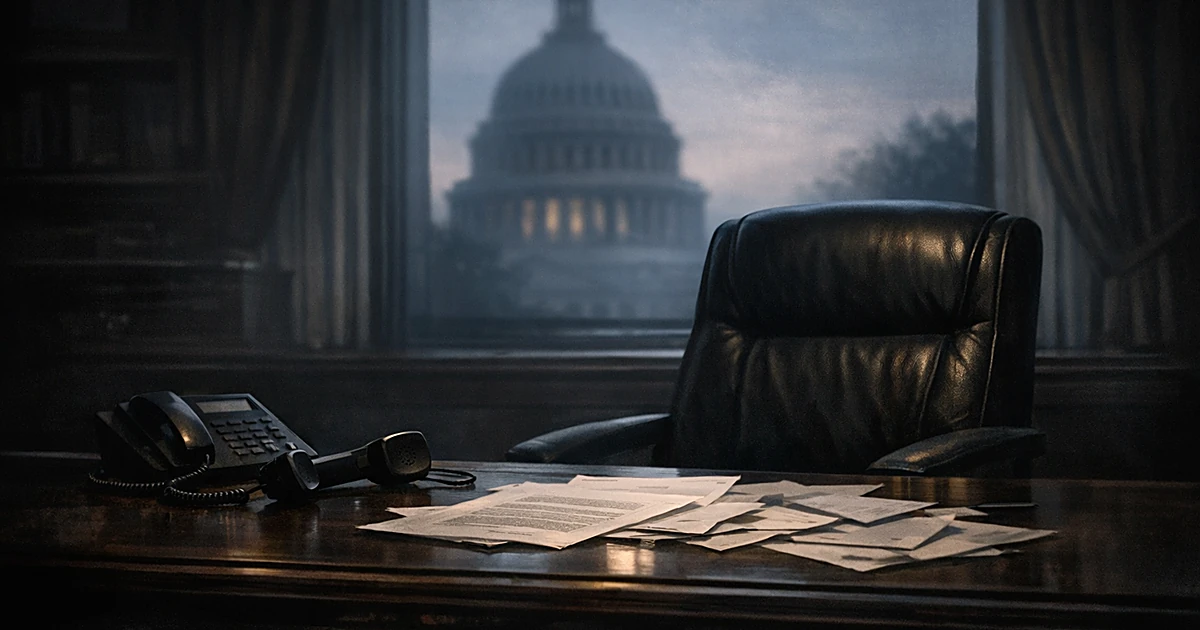 Empty office chair behind desk with phone off hook, capitol dome silhouette visible through window in dim light