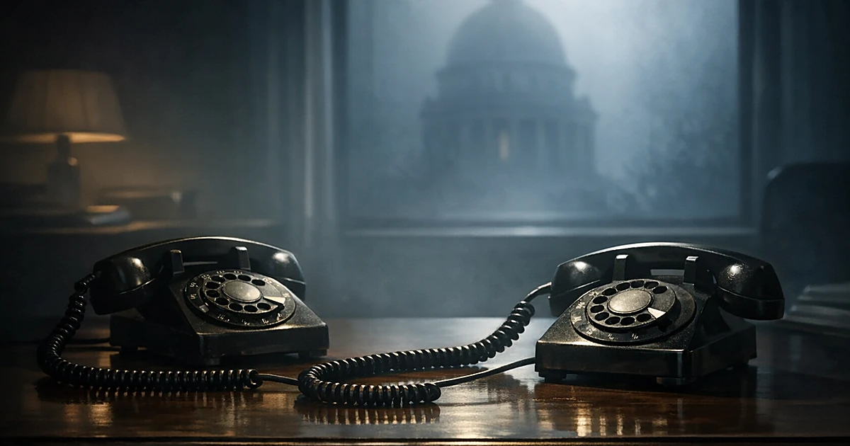 Two old telephones on a desk with government building silhouette visible through foggy window in background