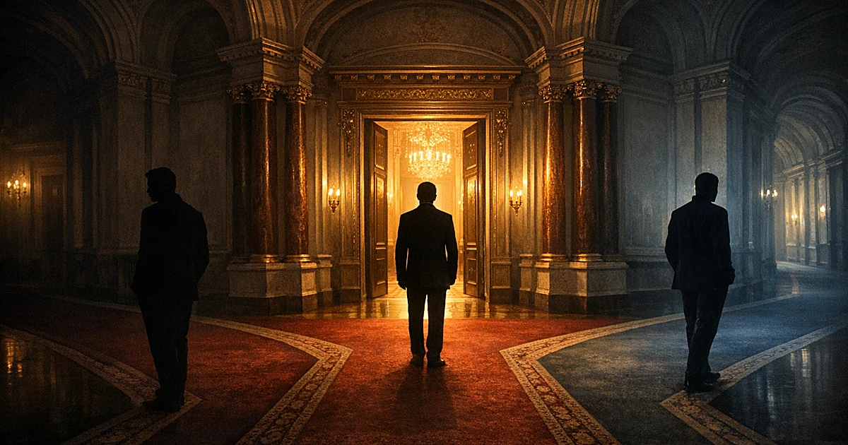 Silhouetted figures at diverging paths in ornate palace hallway, suggesting family division and conflicting directions
