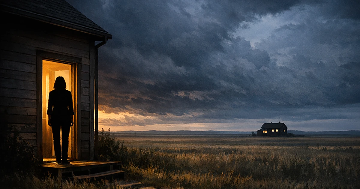 Two distant houses separated by empty prairie land at dusk with a solitary silhouette in a doorway