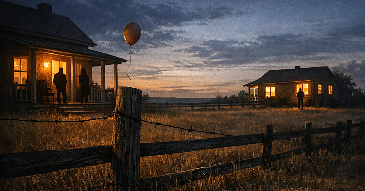 Two ranch houses side by side at dusk with a fence between them and an untethered balloon drifting away