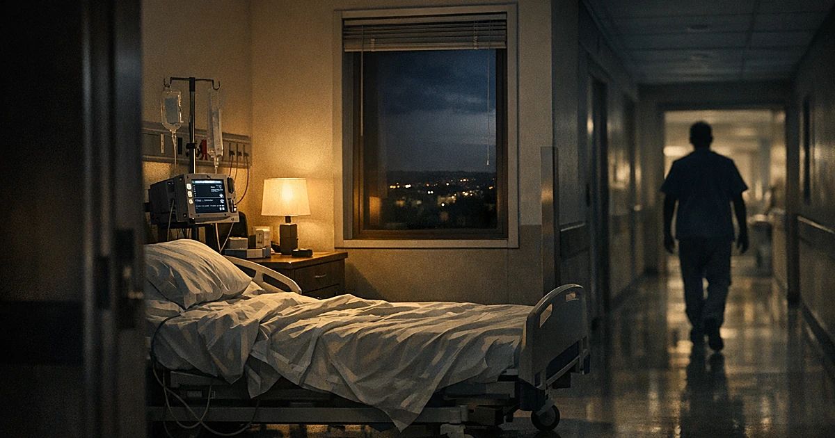 Empty hospital bed with medical equipment in dimly lit room at night, silhouetted medical staff in corridor
