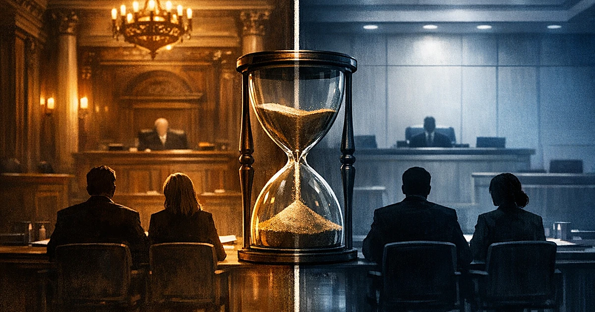Split scene showing contrasting European and American courtrooms divided by center line with hourglass and silhouettes