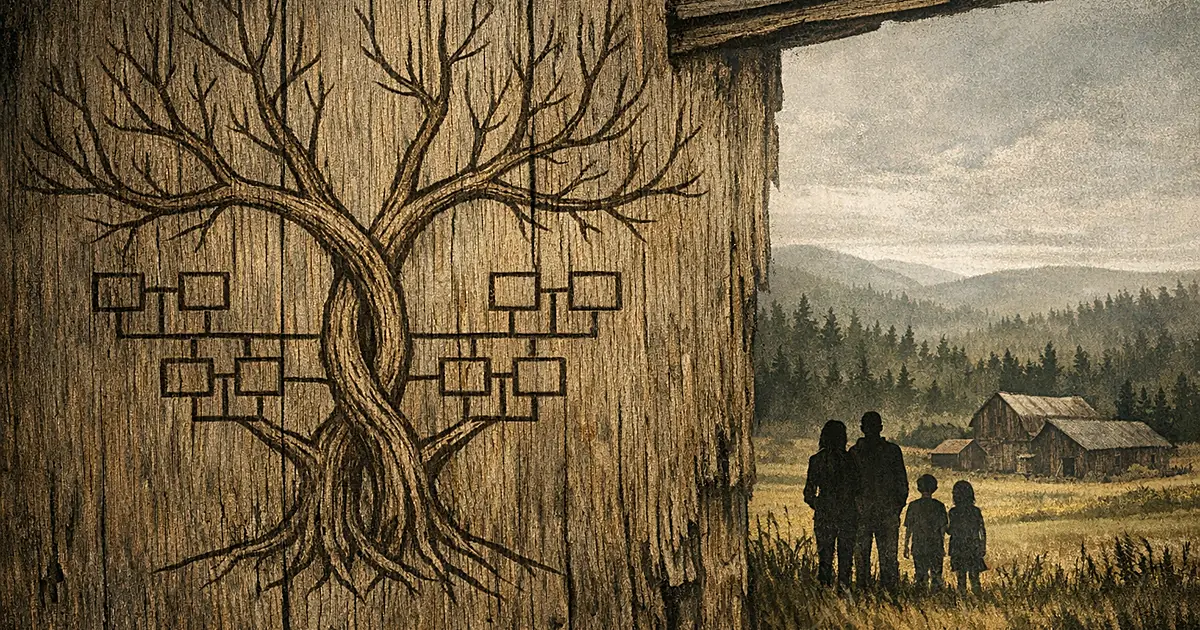 Wooden family tree diagram with converging branches against Maine forest landscape