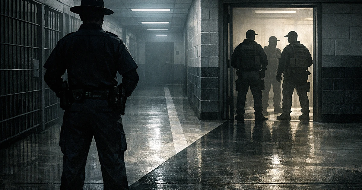 Silhouetted police officer at corridor divide with federal agents in opposite direction inside institutional setting