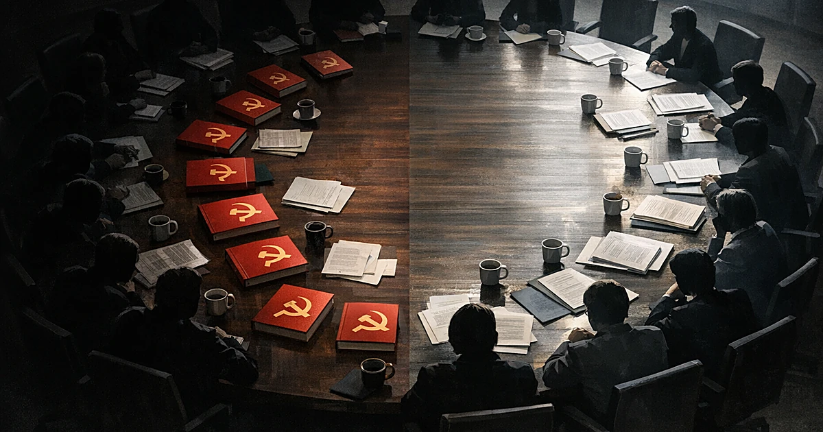 Overhead view of conference table with silhouetted figures, books showing communist symbols scattered across surface