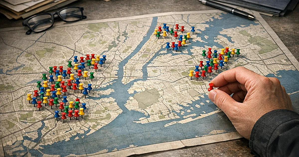 Map of NYC with scattered pushpins marking some neighborhoods while leaving notable gaps in coverage