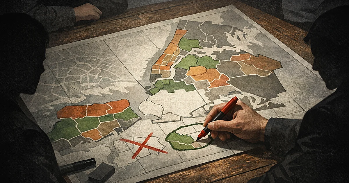 Hand with marker editing a city neighborhood map, with some areas erased and others being added