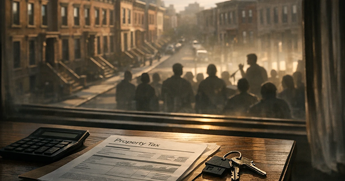 Overhead view of NYC rowhouses with tax documents and calculator in foreground, silhouetted figures meeting in background