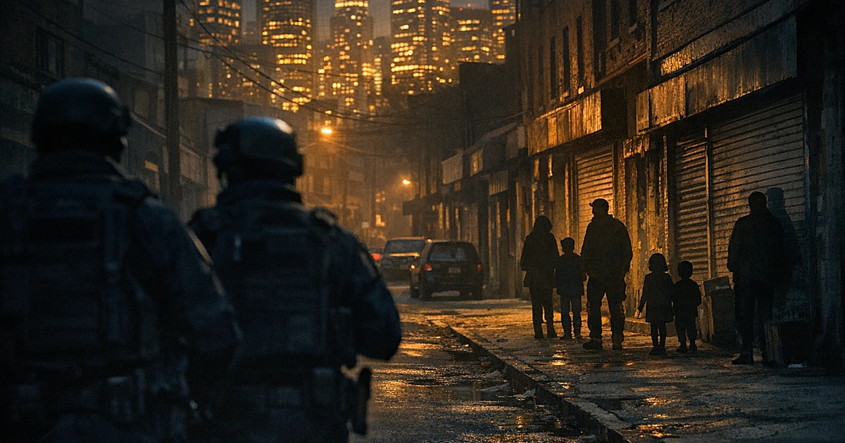 Silhouetted people on dark city street with officers in foreground and illuminated skyscrapers in background