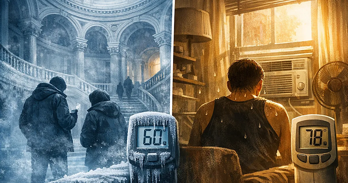 Split scene: cold government rotunda with frost vs hot apartment with person sweating by weak air conditioner