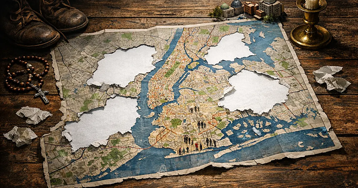 Map of NYC with torn sections and missing neighborhoods, surrounded by abandoned cultural objects in shadow