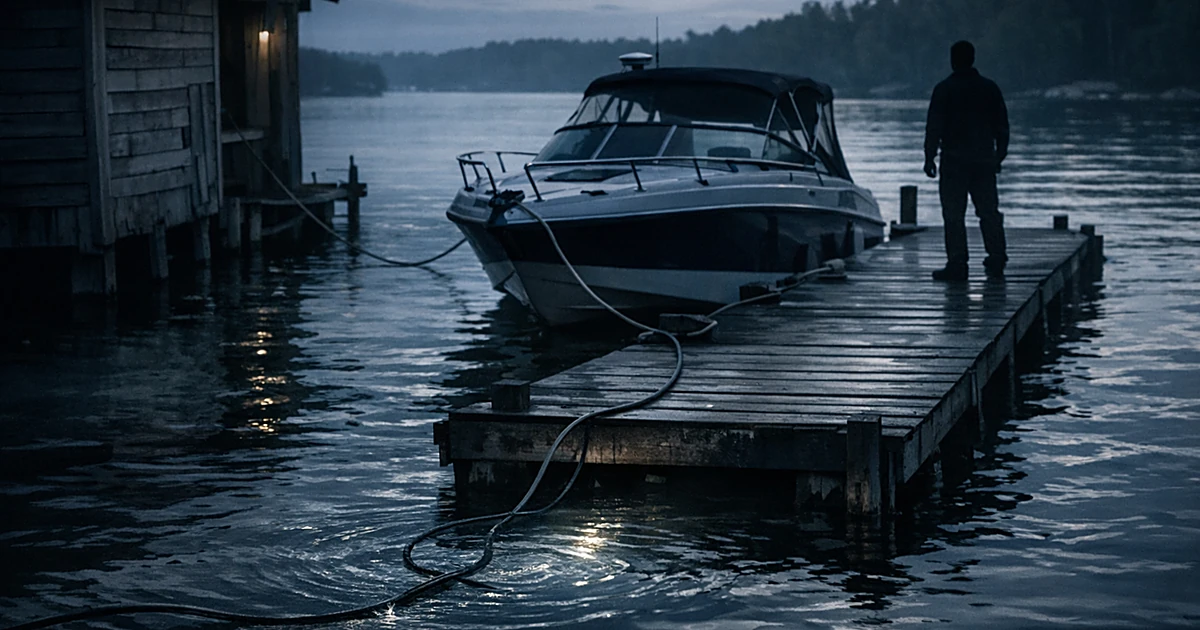 Boat docked at lakeside boathouse with electrical cord running from structure to vessel in water