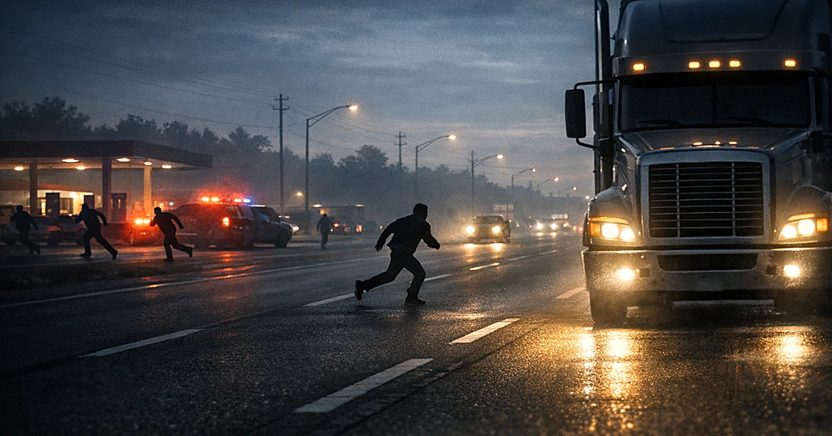 Highway at dawn with tractor-trailer headlights and scattered silhouettes fleeing across parking lot and roadway