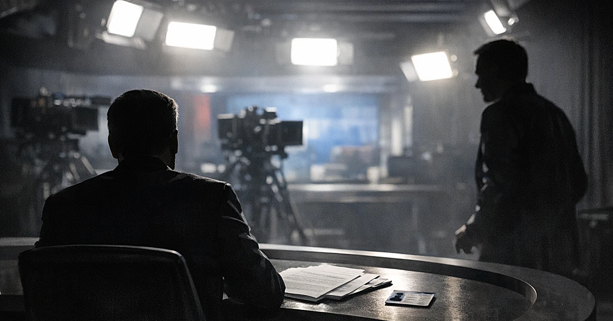 Silhouetted figure at TV studio desk with ID card and documents, another figure standing nearby in shadows