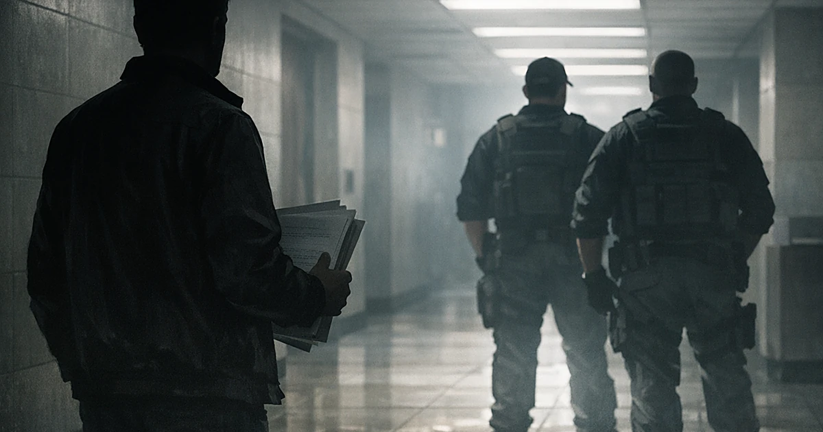 Silhouetted civilian with documents facing two tactical-vested agents from behind in institutional building interior