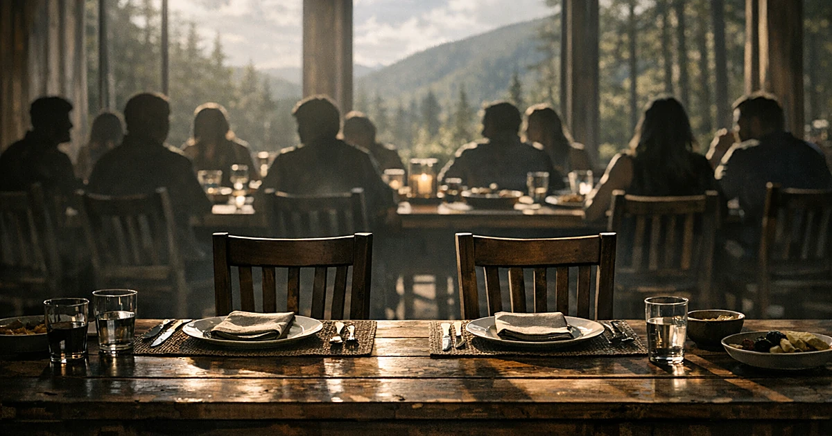 Empty chairs at family dining table with silhouetted figures in background at mountain retreat