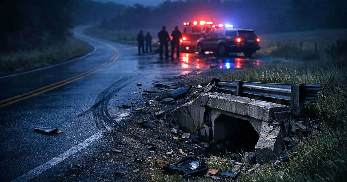 Night scene of rural road with damaged culvert and emergency lights reflecting on pavement after vehicle accident