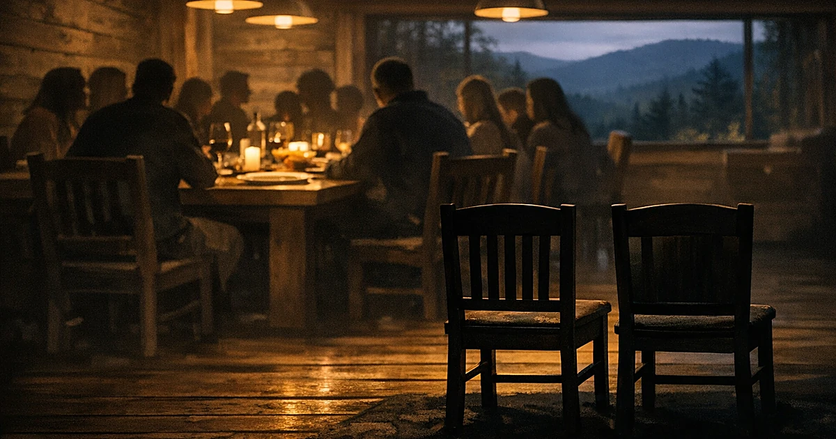 Empty chairs in shadow foreground while silhouetted figures gather around illuminated dining table in cabin setting