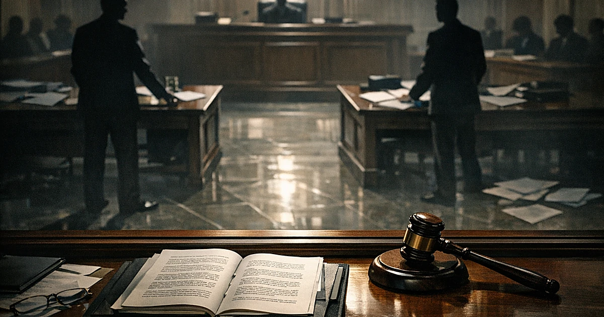 Courtroom scene with judge's bench, gavel, legal documents, and silhouetted attorneys at opposing tables