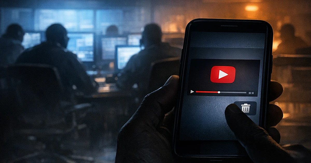 Smartphone showing video player with finger hovering over delete button, silhouetted figures at monitors in background