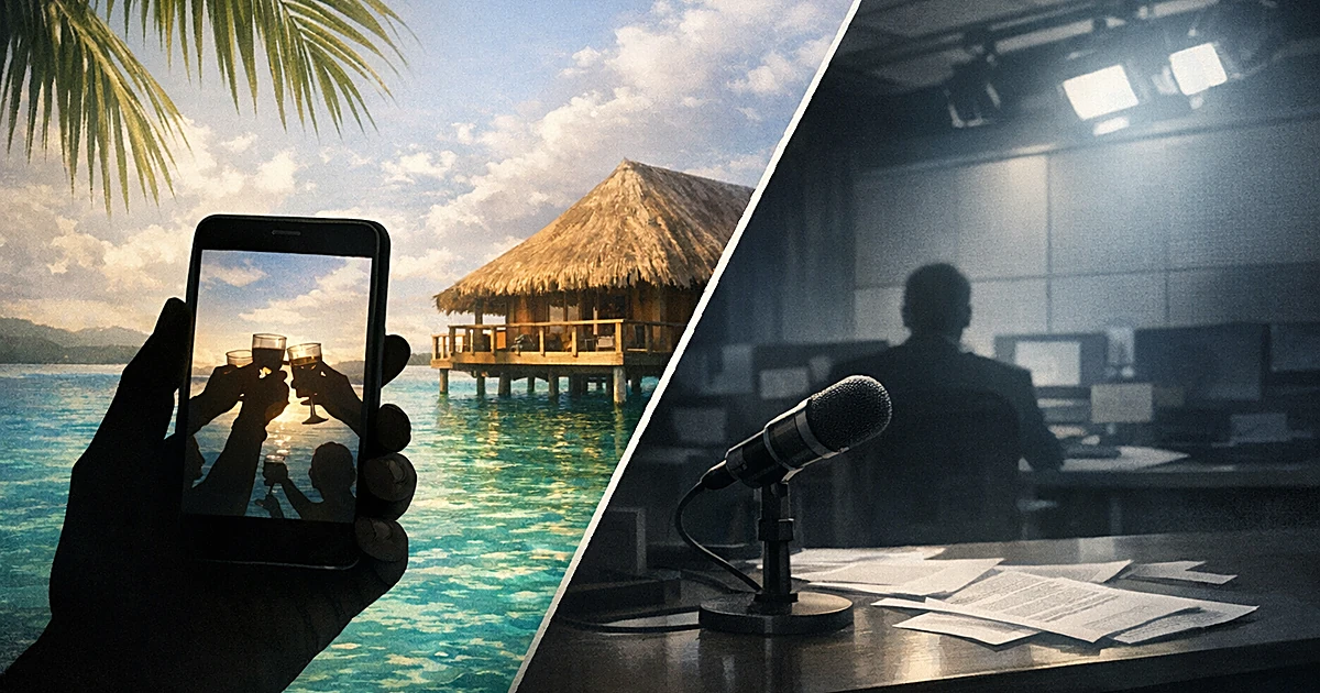 Split scene showing smartphone with tropical resort view contrasted against newsroom desk with microphone and papers