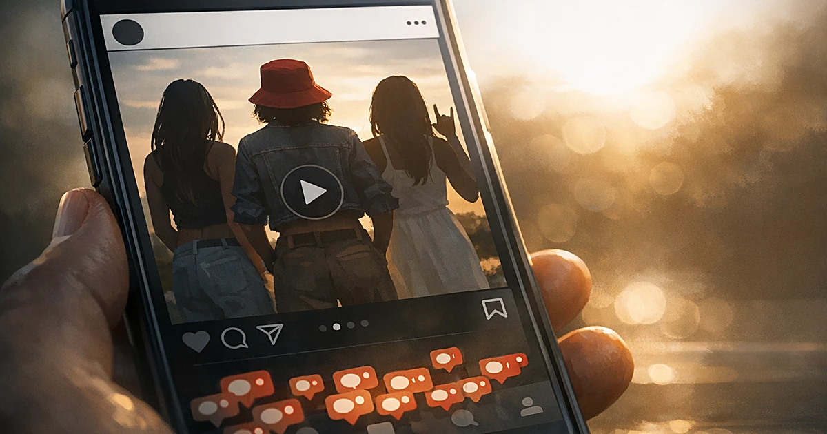 Smartphone showing Instagram post with three silhouetted figures, red bucket hat visible, surrounded by comment notifications