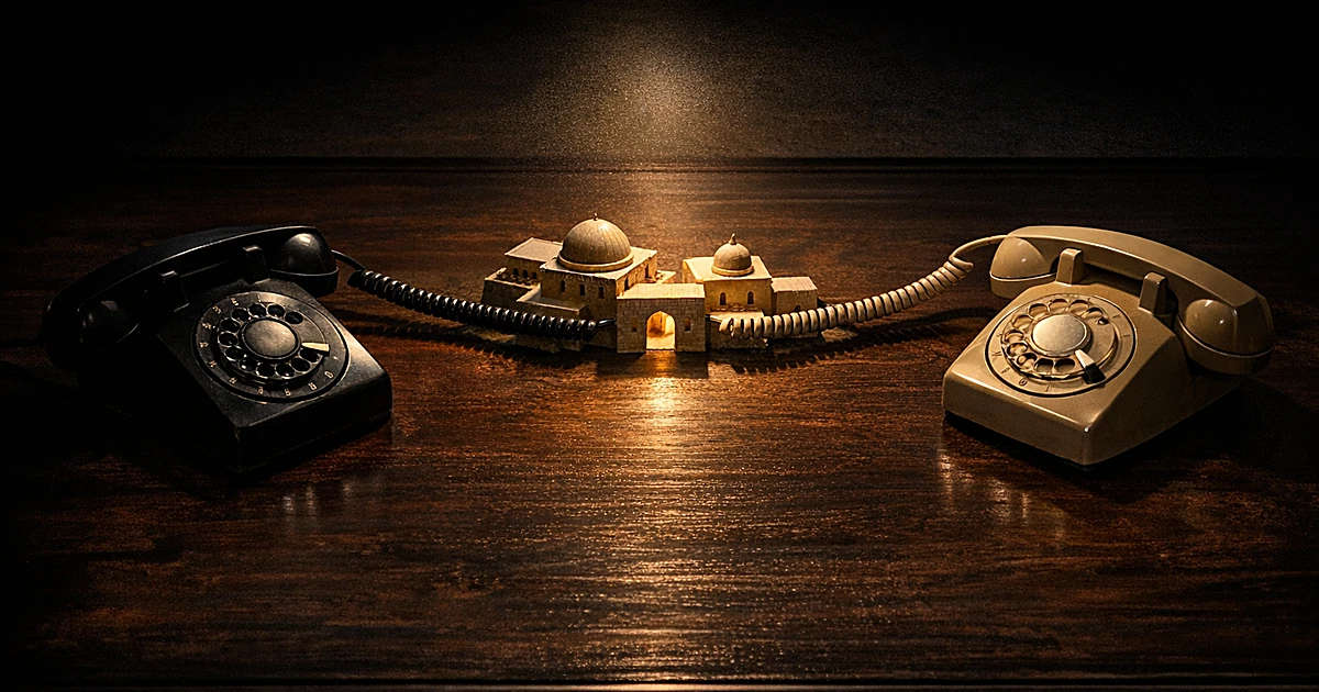 Two vintage telephones on a desk with a small architectural model between them, lit dramatically from above