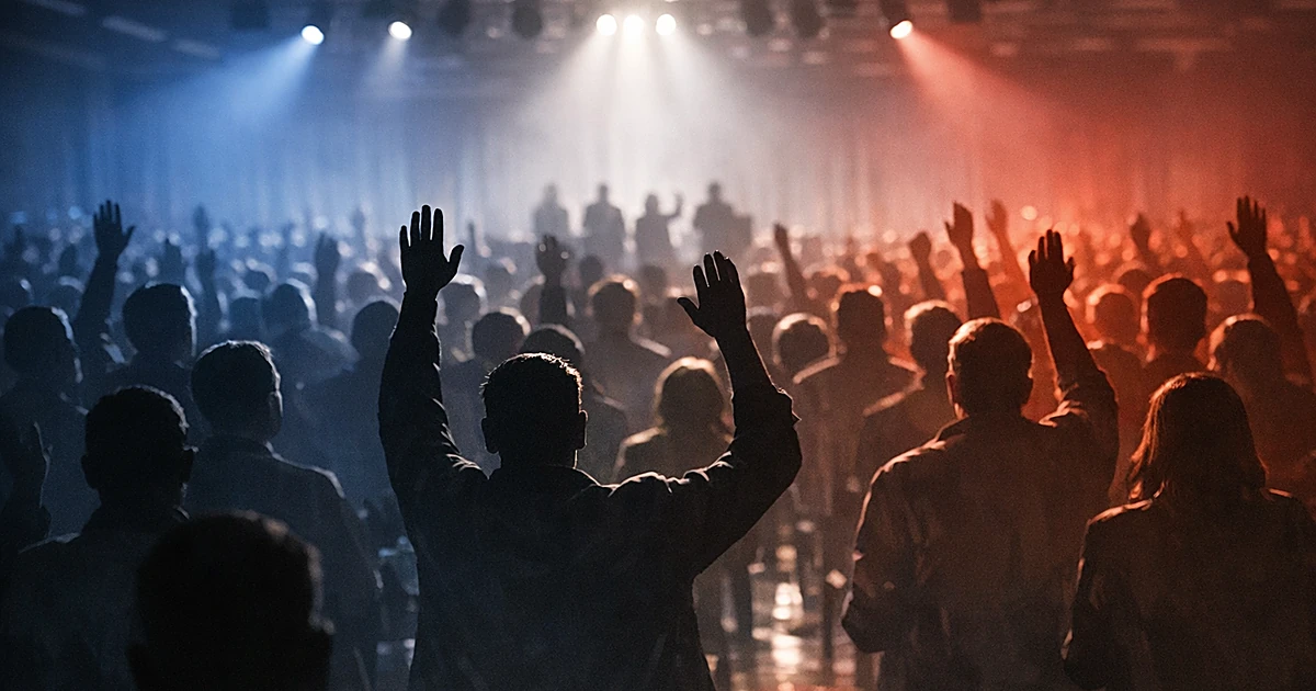Silhouetted crowd with raised hands voting in a meeting hall with red and blue lighting