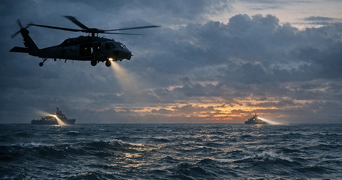 Military helicopter silhouette descending over dark Arabian Sea waters with distant rescue vessels searching at dawn