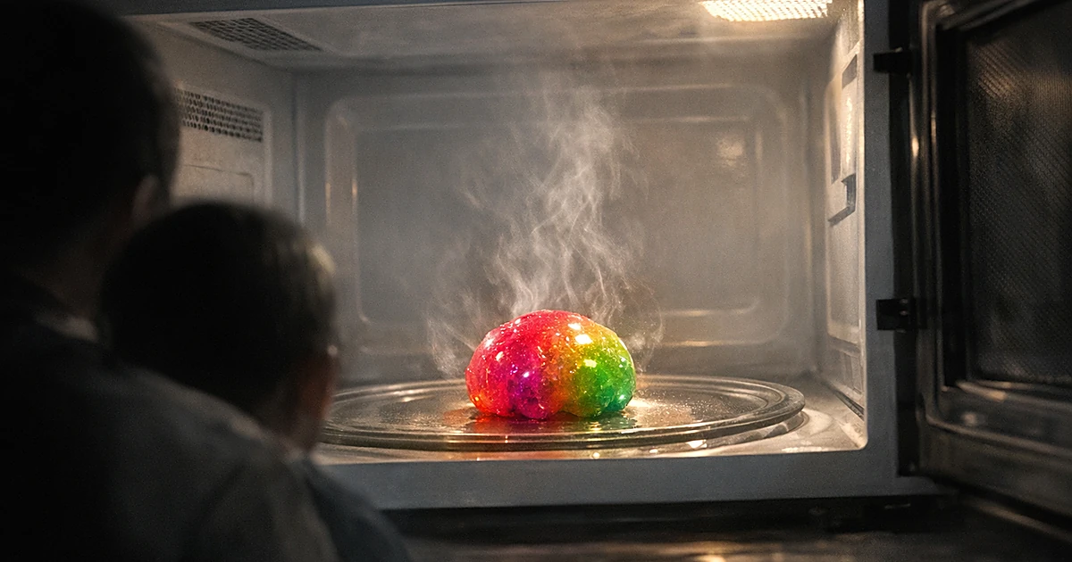 Colorful squishy gel toy sitting inside a microwave with dramatic lighting suggesting danger