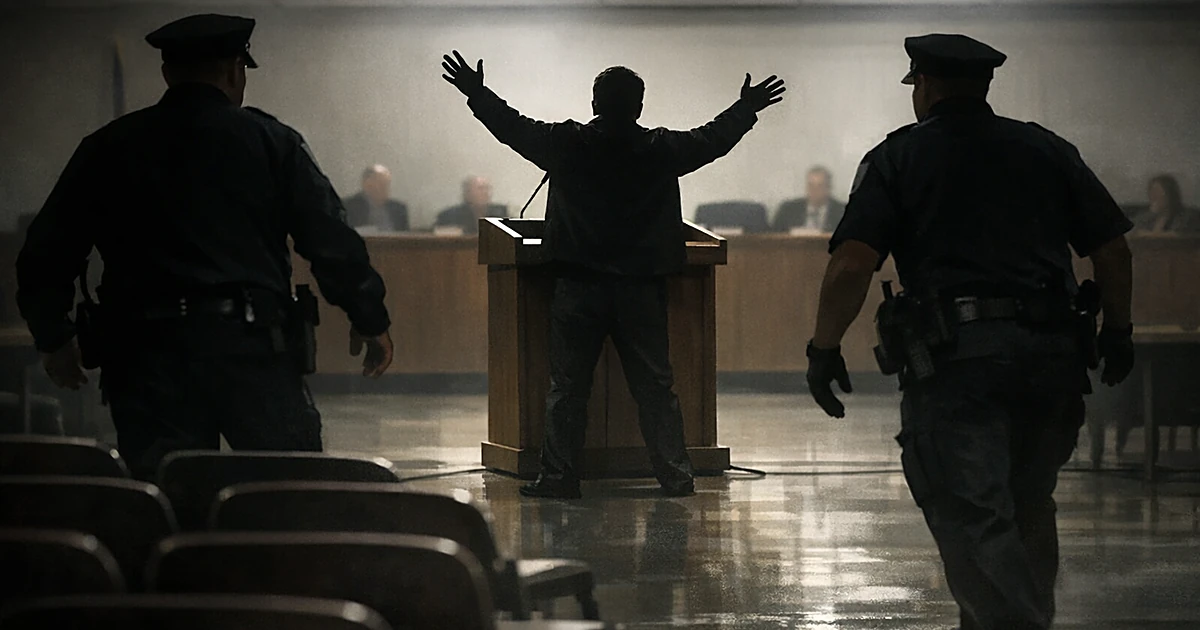 Silhouetted person at podium with arms raised as two officers approach from behind in a meeting room