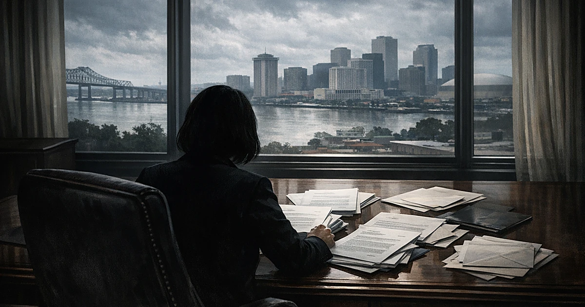 Silhouetted official at desk with scattered letters, New Orleans skyline visible through windows in dramatic lighting