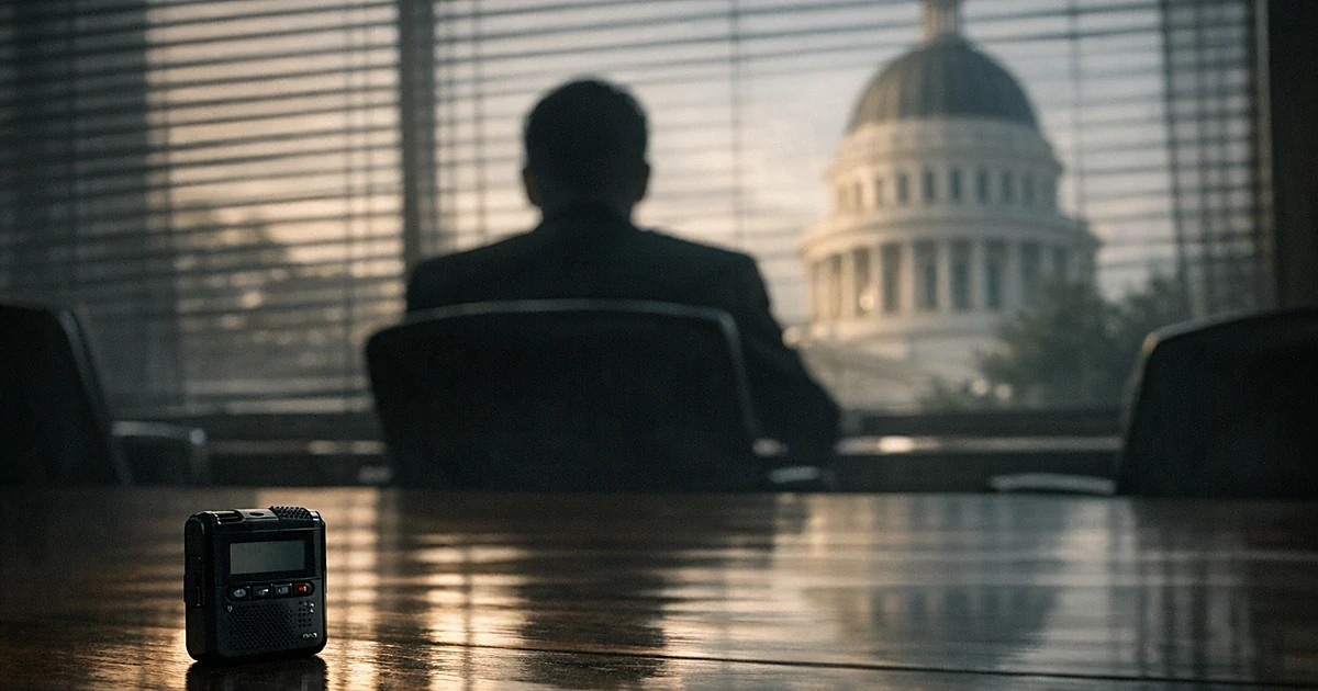 Silhouetted figure at conference table with recording device in foreground, capitol dome visible through window
