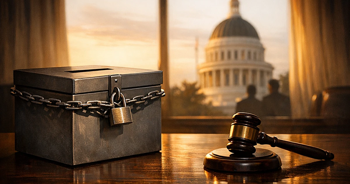 Ballot box and gavel on desk with California State Capitol dome visible through window in background