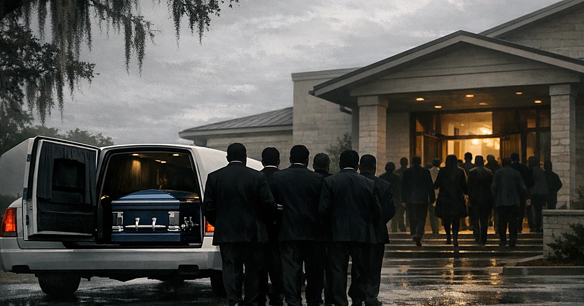 White hearse with blue coffin outside church as silhouetted mourners enter building under overcast sky