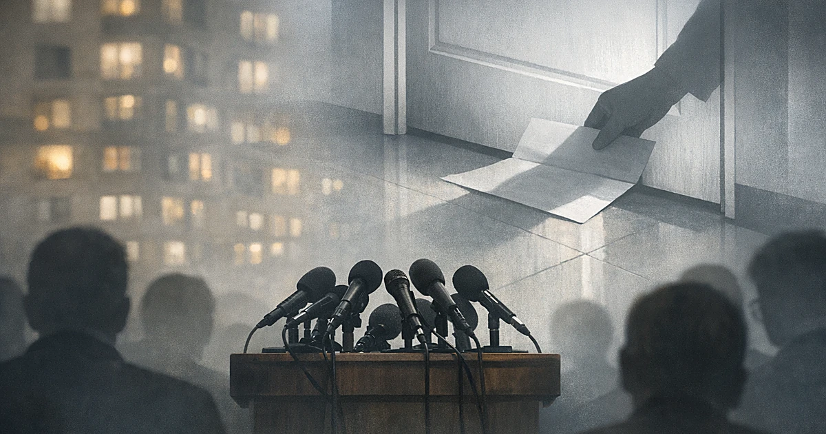 Silhouetted figures at podium with apartment buildings and eviction notice shadow overlay in editorial illustration
