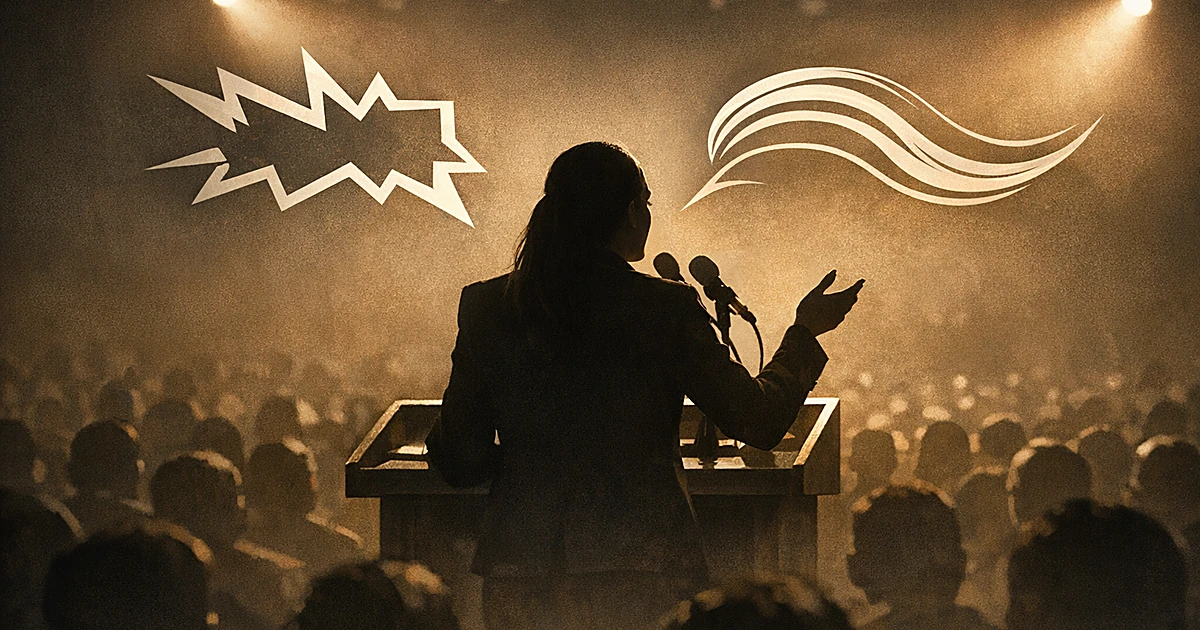 Silhouetted speaker at podium with contrasting sound wave visualizations showing different speech patterns