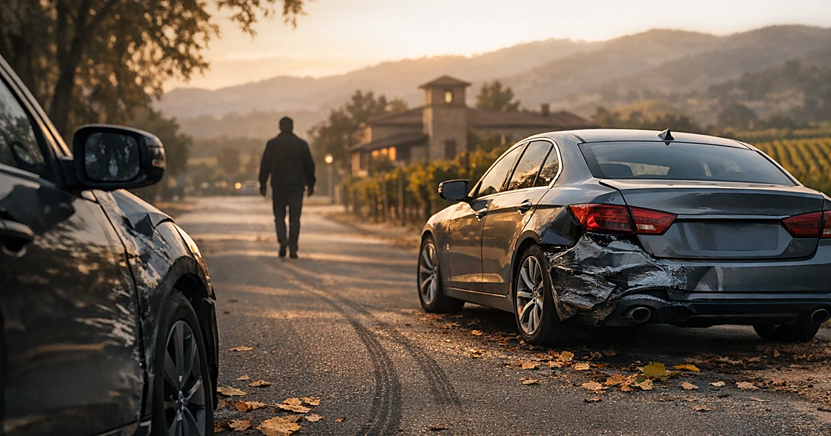 Damaged luxury car on wine country street with silhouette walking away, vineyard hills in background