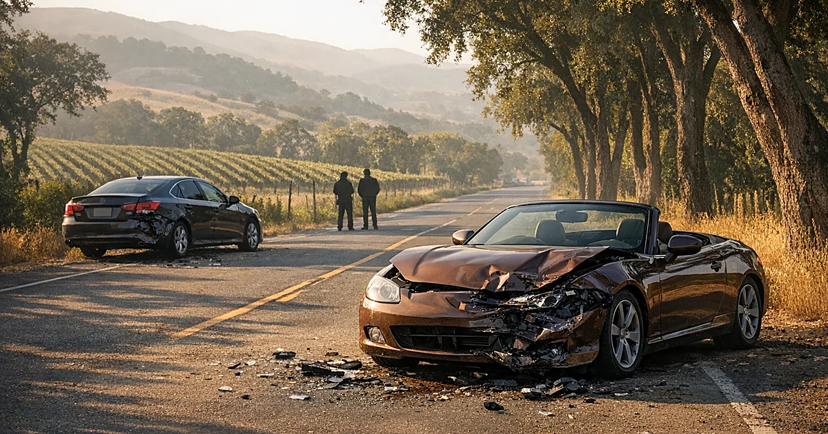 Damaged brown convertible blocking rural road near parked car with collision damage in wine country setting