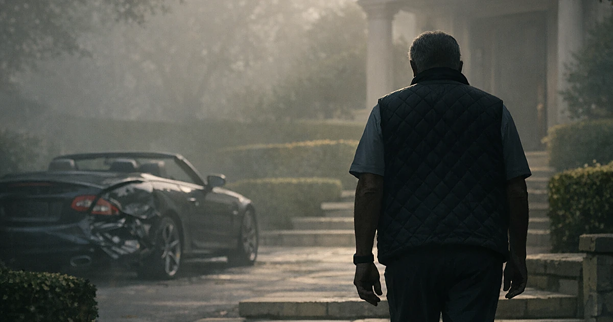 Silhouetted figure in vest walking toward upscale home entrance with damaged convertible visible in background