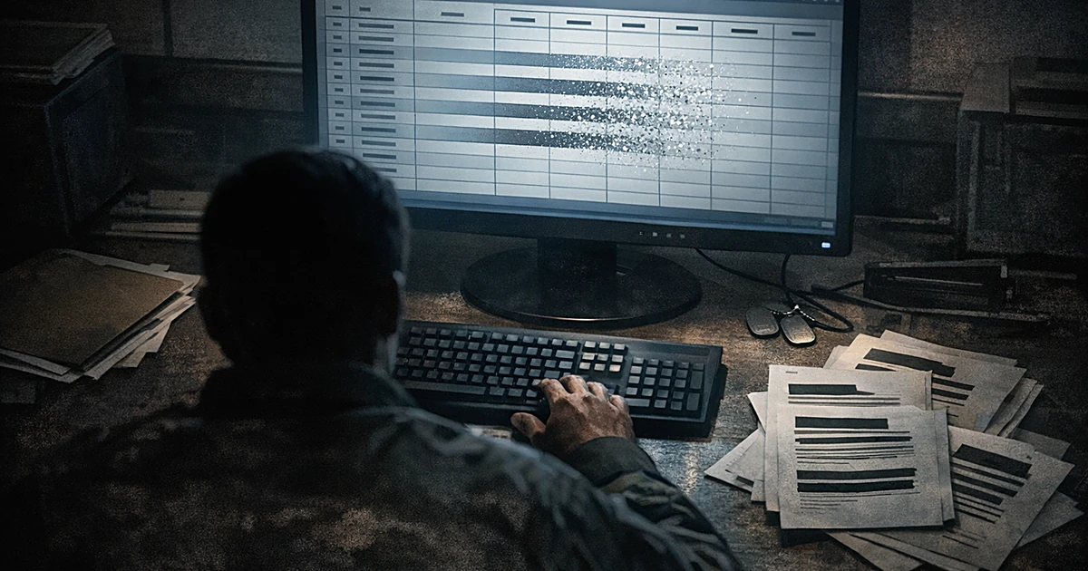 Overhead view of person at desk with computer screen showing data rows disappearing, papers with redactions scattered around