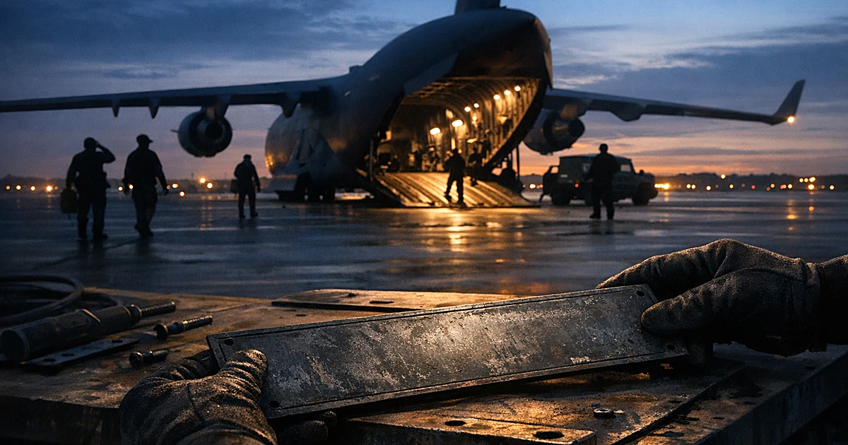 Silhouetted ground crew working near military cargo plane at dusk with nameplate being changed on workbench