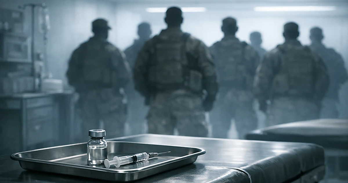 Medical vial and syringe on exam table with silhouettes of uniformed service members standing in background