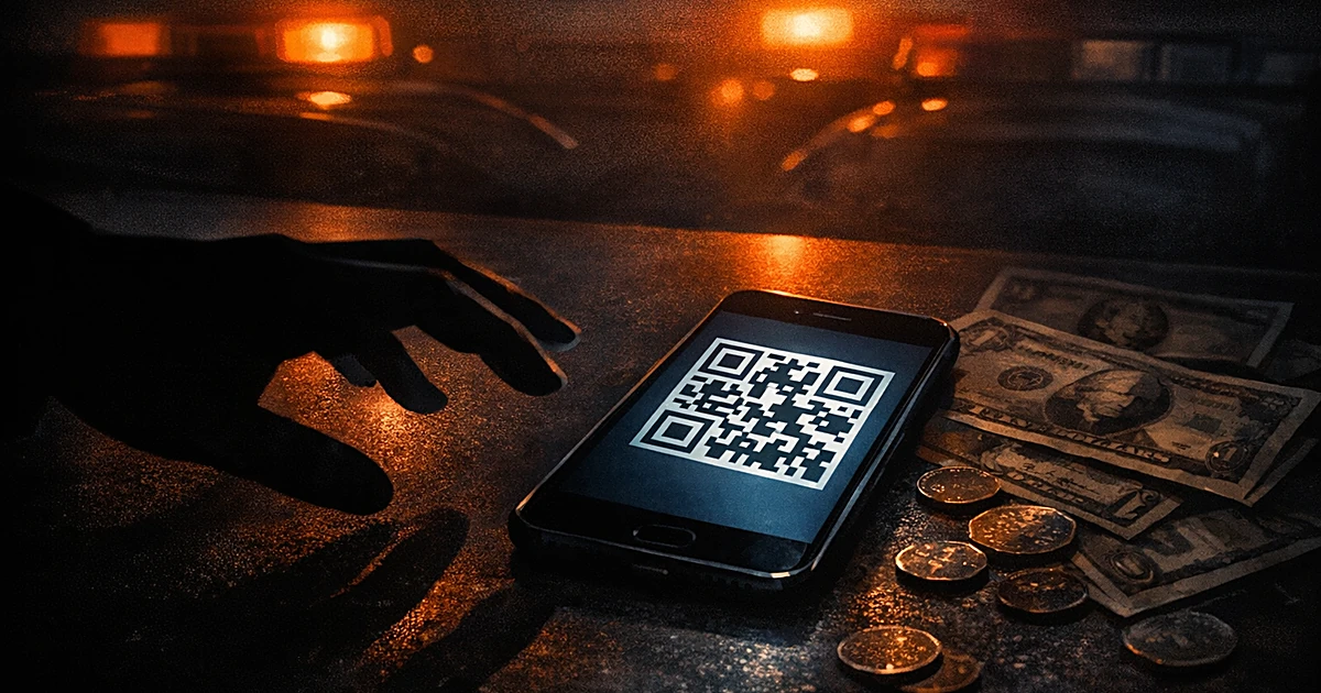 Smartphone displaying QR code with cash and coins on dark surface as silhouetted hand reaches toward it